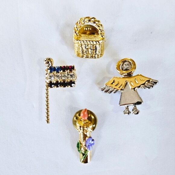 Vintage Lot of 4 Lapel Pins Guardian Angel Rhinestone Flag Candle Basket Brooch - Picture 1 of 9